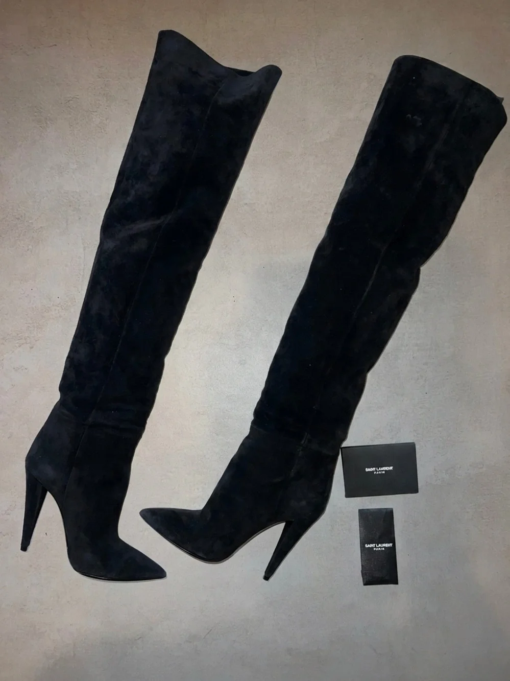 Saint Laurent 36 Era 110 Black Suede Over the Knee Stiletto Boots Slouchy OTK